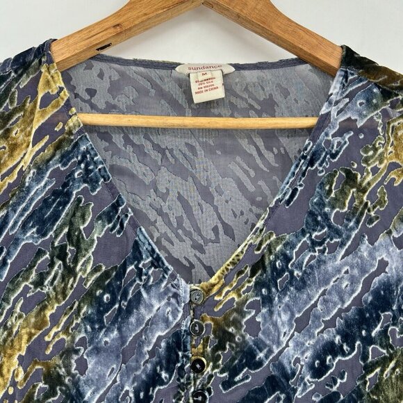 Sundance Med Velvet Burnout Sheer Silk V-Neck Peplum Long Sleeve Blouse Boho - Picture 2 of 9